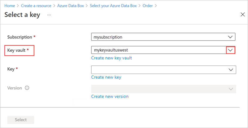 Screenshot delle impostazioni Tipo di crittografia nella scheda Sicurezza di un ordine Data Box. L'opzione 