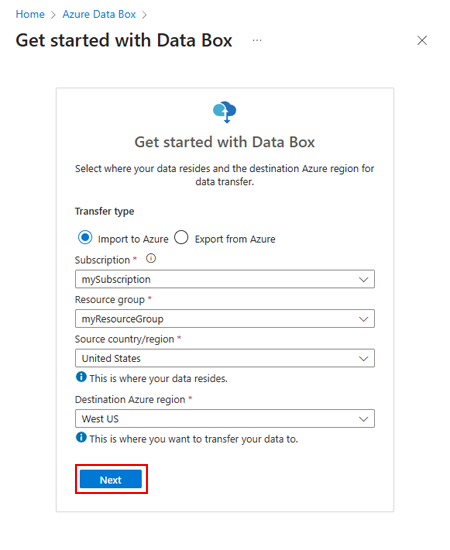 Screenshot delle opzioni per selezionare tipo di trasferimento, sottoscrizione, gruppo di risorse e origine e destinazione per avviare un ordine di Data Box nel portale di Azure.