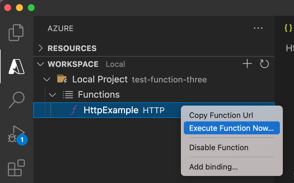 Screenshot di Esegui funzione adesso da Visual Studio Code.