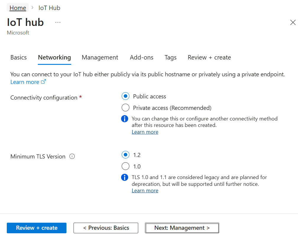 Screenshot che mostra come scegliere gli endpoint che possono connettersi a un nuovo hub IoT.