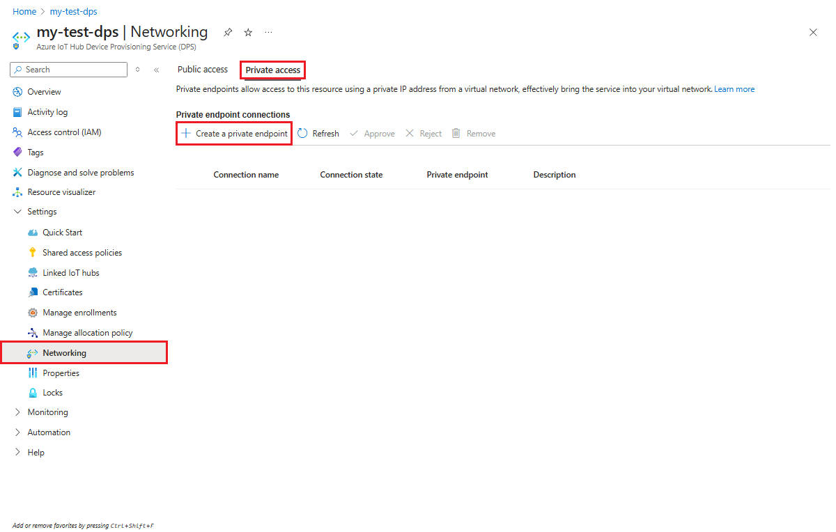 Screenshot che mostra l'aggiunta di un nuovo endpoint privato per un'istanza del servizio Device Provisioning nel portale di Azure.