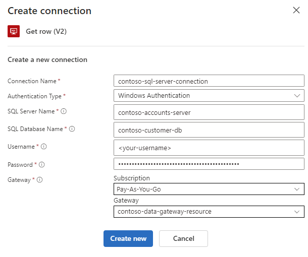 Screenshot che mostra il connettore gestito di SQL Server con i valori nelle caselle Nome connessione, Tipo di autenticazione e altri parametri.