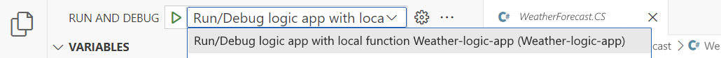 Screenshot che mostra l'elenco Esegui e debug con l'opzione di selezione per eseguire l'app per la logica Esecuzione/Debug con funzione locale.
