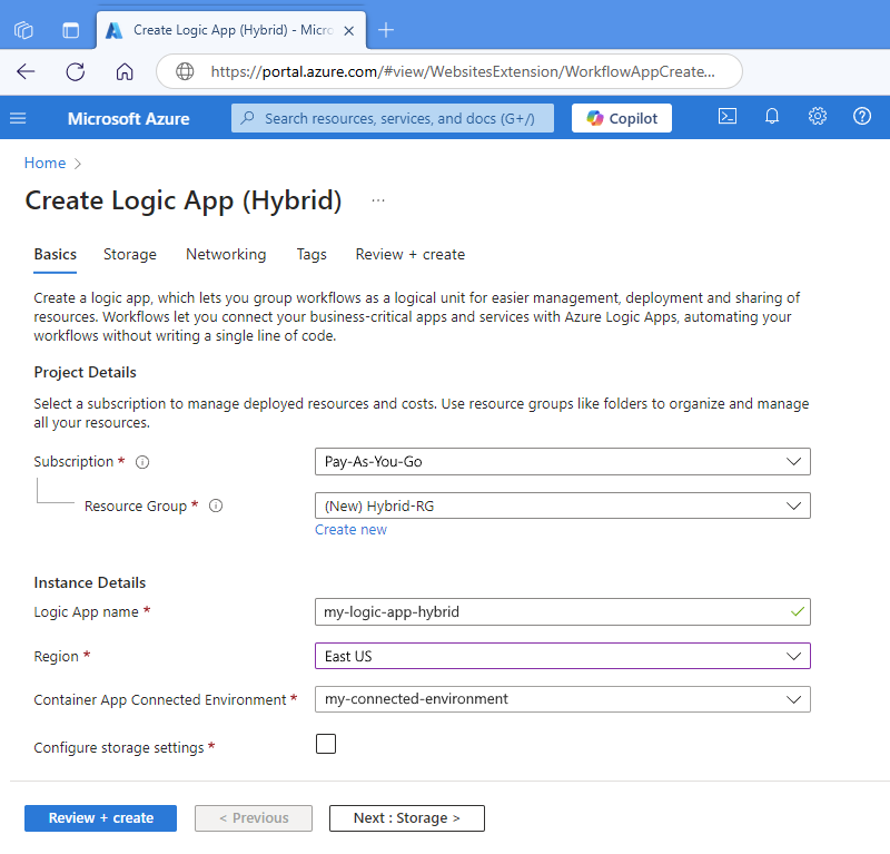 Screenshot che mostra il portale di Azure e la pagina di creazione dell'app per la logica.