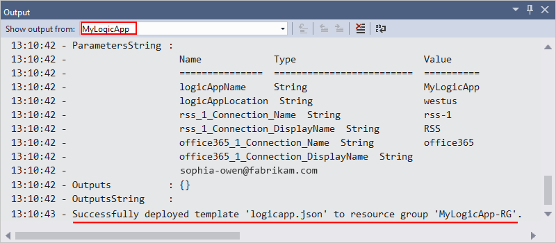 Screenshot che mostra la finestra di Output dello stato della distribuzione.