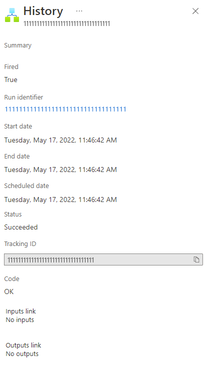 Screenshot che mostra le informazioni sulla Cronologia trigger del flusso di lavoro a consumo selezionato.