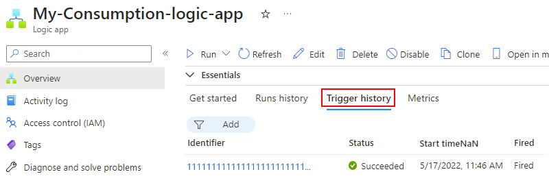 Screenshot che mostra il portale di Azure, il flusso di lavoro a consumo e la pagina Panoramica con la scheda selezionata denominata Cronologia trigger.