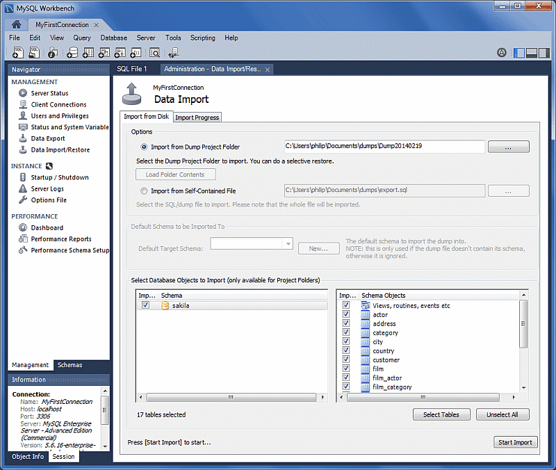 Screenshot dell'uso del riquadro Strumento di navigazione per visualizzare il riquadro Importazione dati in MySQL Workbench.
