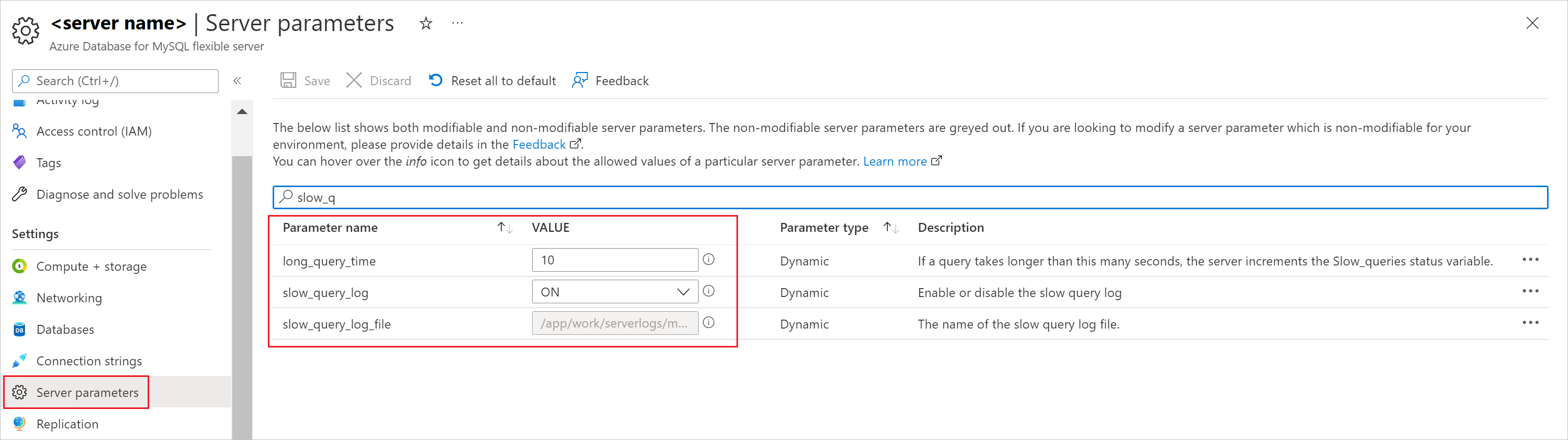 Screenshot dell'interfaccia del log delle query lente del server flessibile Database di Azure per MySQL.