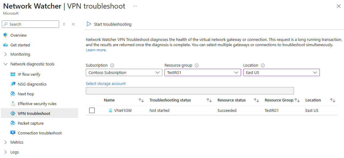 Screenshot della risoluzione dei problemi della VPN di Azure Network Watcher nella portale di Azure.