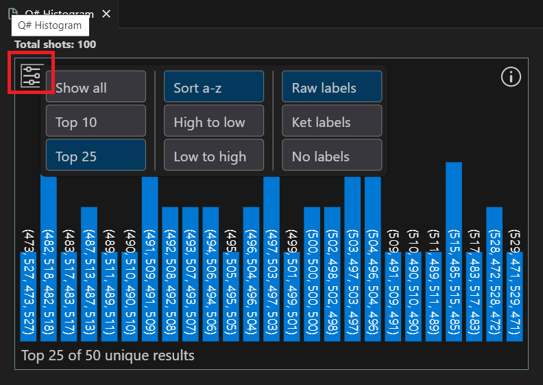 Screenshot delle impostazioni di visualizzazione per la Q# finestra istogramma in Visual Studio Code.