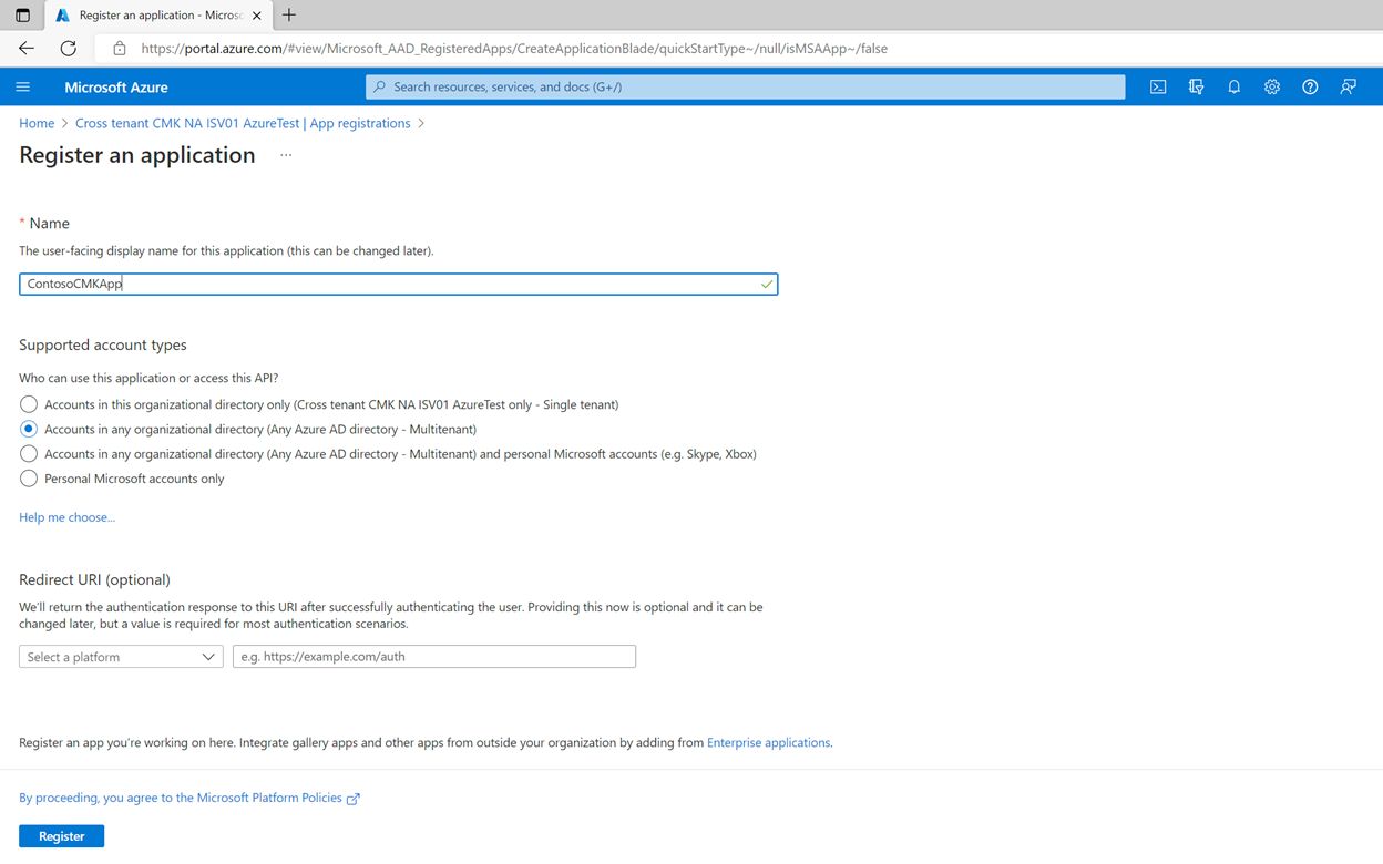 Screenshot che mostra come creare una nuova registrazione dell'applicazione multi-tenant.