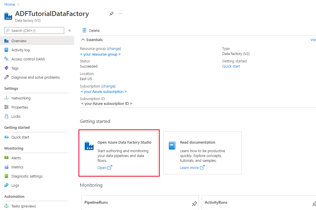 Screenshot che mostra la pagina iniziale di Azure Data Factory, con il riquadro Apri Azure Data Factory Studio.