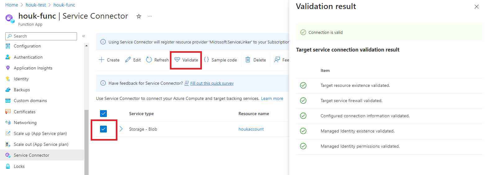 Screenshot del portale di Azure, che elenca e convalida la connessione.