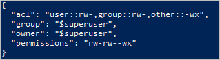 Schermata dell'output della console che mostra l'ACL di un file dopo l'impostazione in Azure Data Lake Storage.