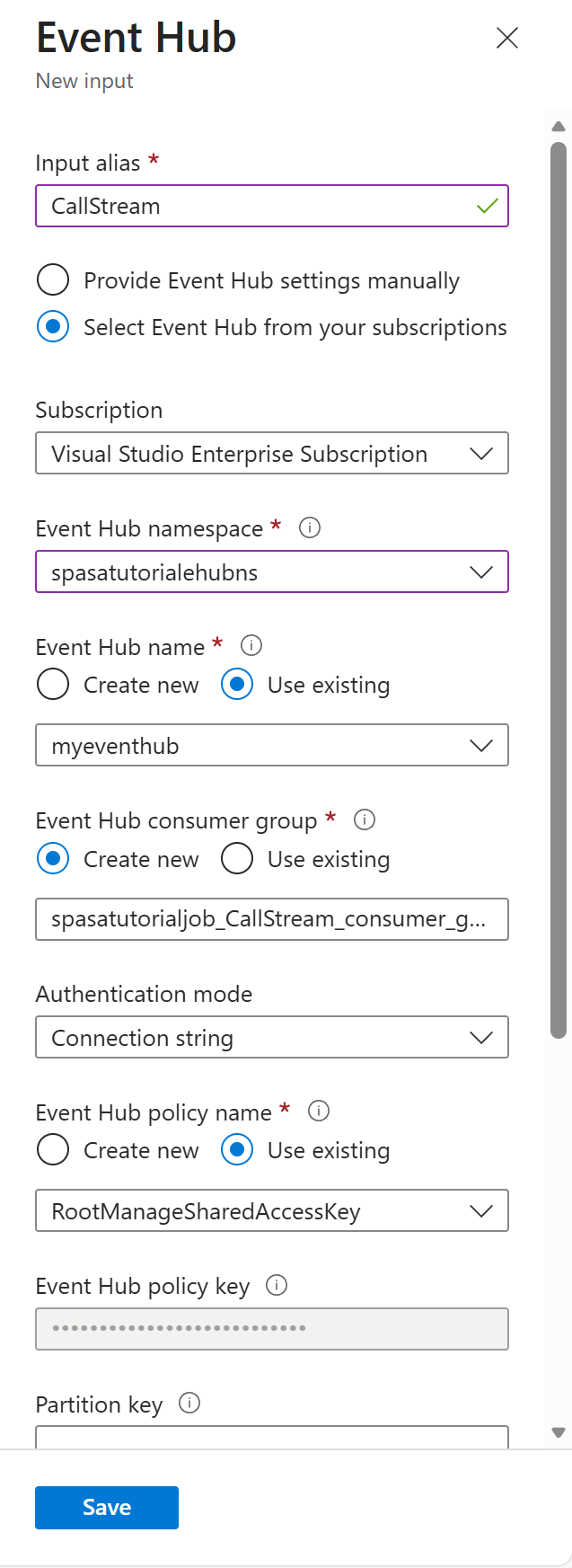 Screenshot che mostra la pagina di configurazione di Event Hub per un input.