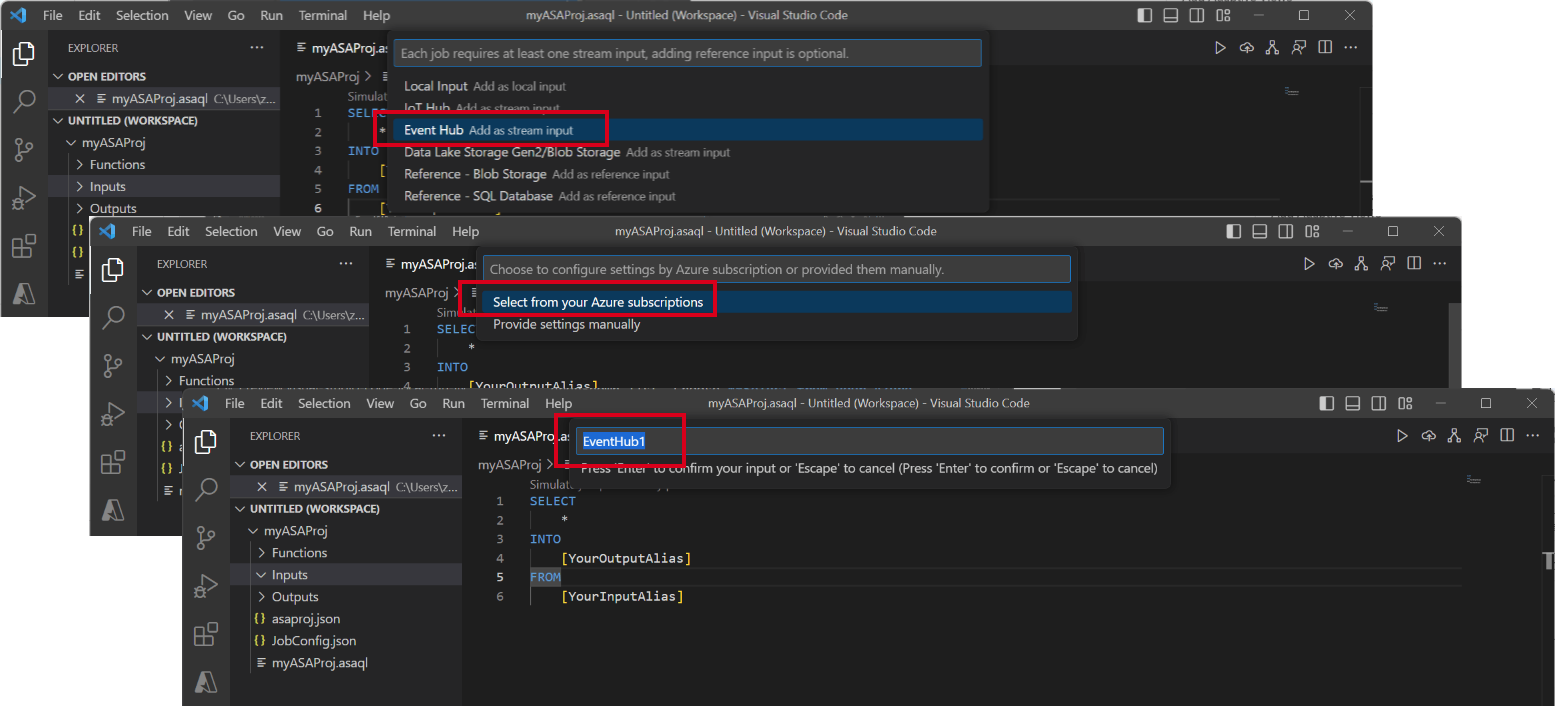 Screenshot dell'estensione VS Code che mostra una serie di passaggi per la configurazione dell'input dell'hub eventi.