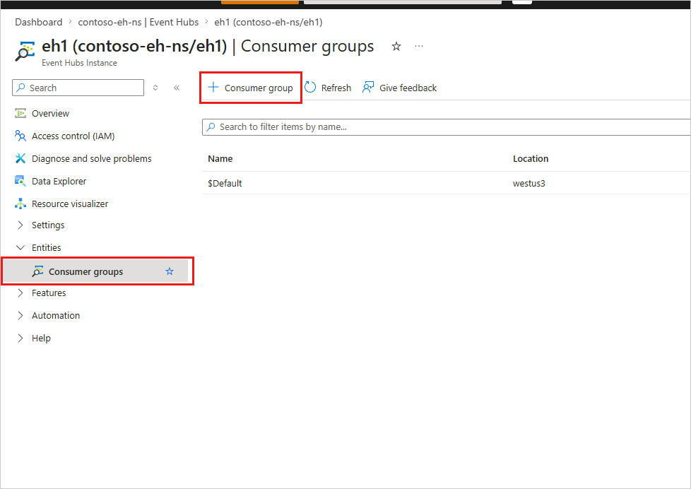 Schermata che mostra il pulsante per aggiungere un gruppo di consumer in Event Hubs.