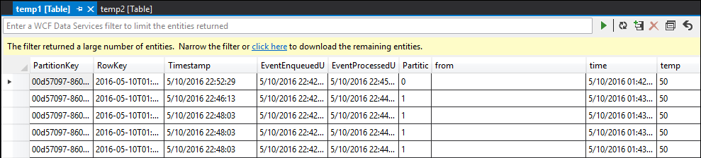 Schermata della tabella temp1 che mostra i risultati intermedi dell'operazione di JOIN della query di Stream Analytics.