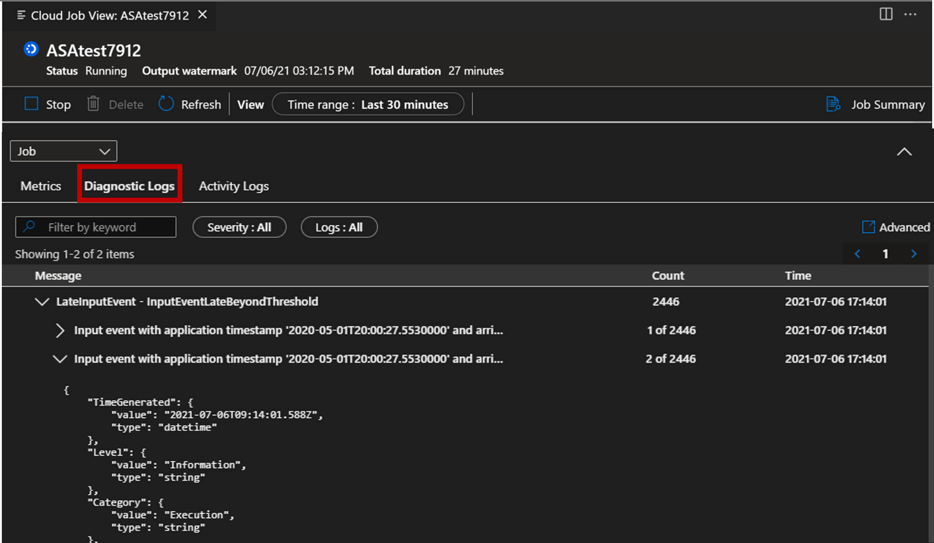 Screenshot dell'estensione VS Code che visualizza i log di diagnostica.