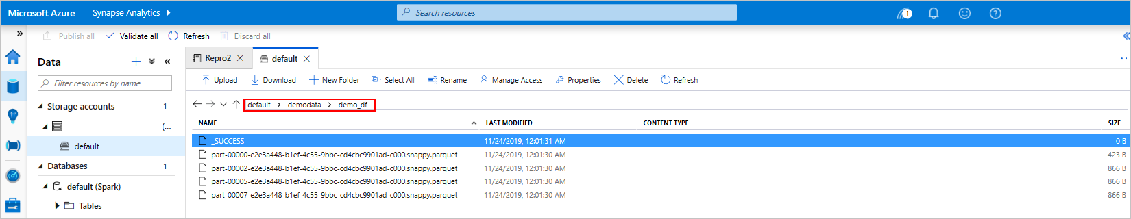 Screenshot che evidenzia il percorso >demodata> predefinito demo_df.