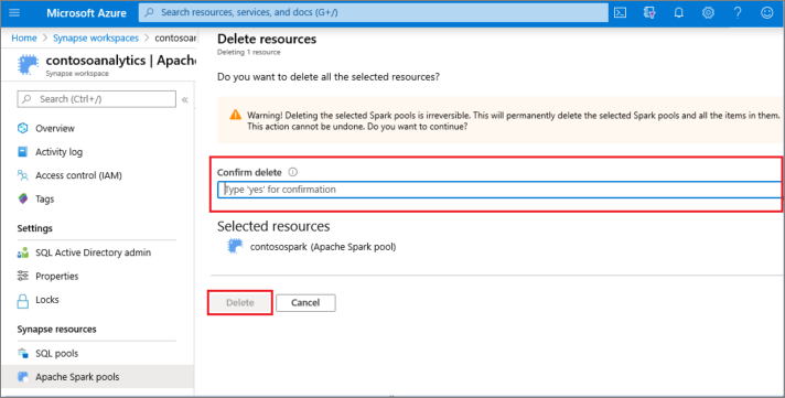 Screenshot dal portale di Azure della finestra di dialogo Conferma per eliminare il pool di Apache Spark selezionato.