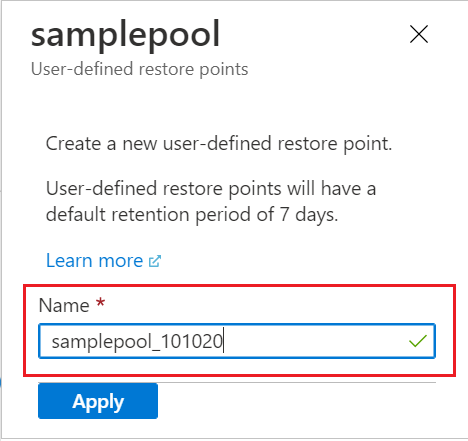 Screenshot dal portale di Azure, specificando il nome del nuovo punto di ripristino definito dall'utente.