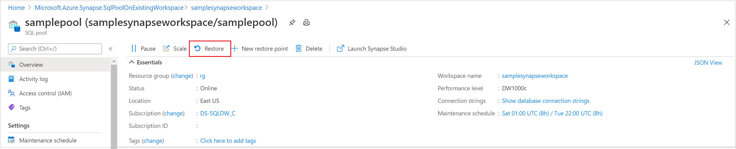 Screenshot del portale di Azure, che mostra la panoramica del pool SQL. Il pulsante Ripristina è evidenziato.