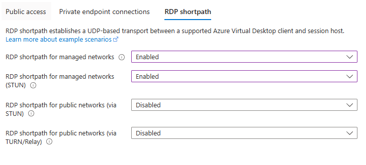 Screenshot che mostra il percorso breve RDP per le reti pubbliche (STUN e TURN) disabilitato mentre il percorso breve RDP per le reti gestite è abilitato.