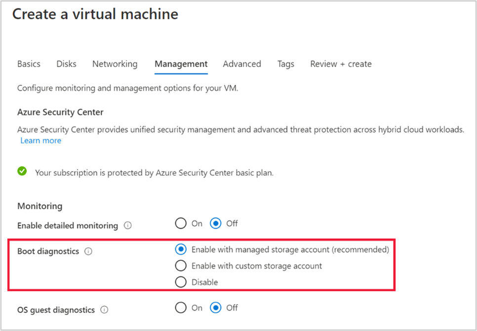 Screenshot che mostra l'abilitazione della diagnostica di avvio gestito durante la creazione della macchina virtuale.
