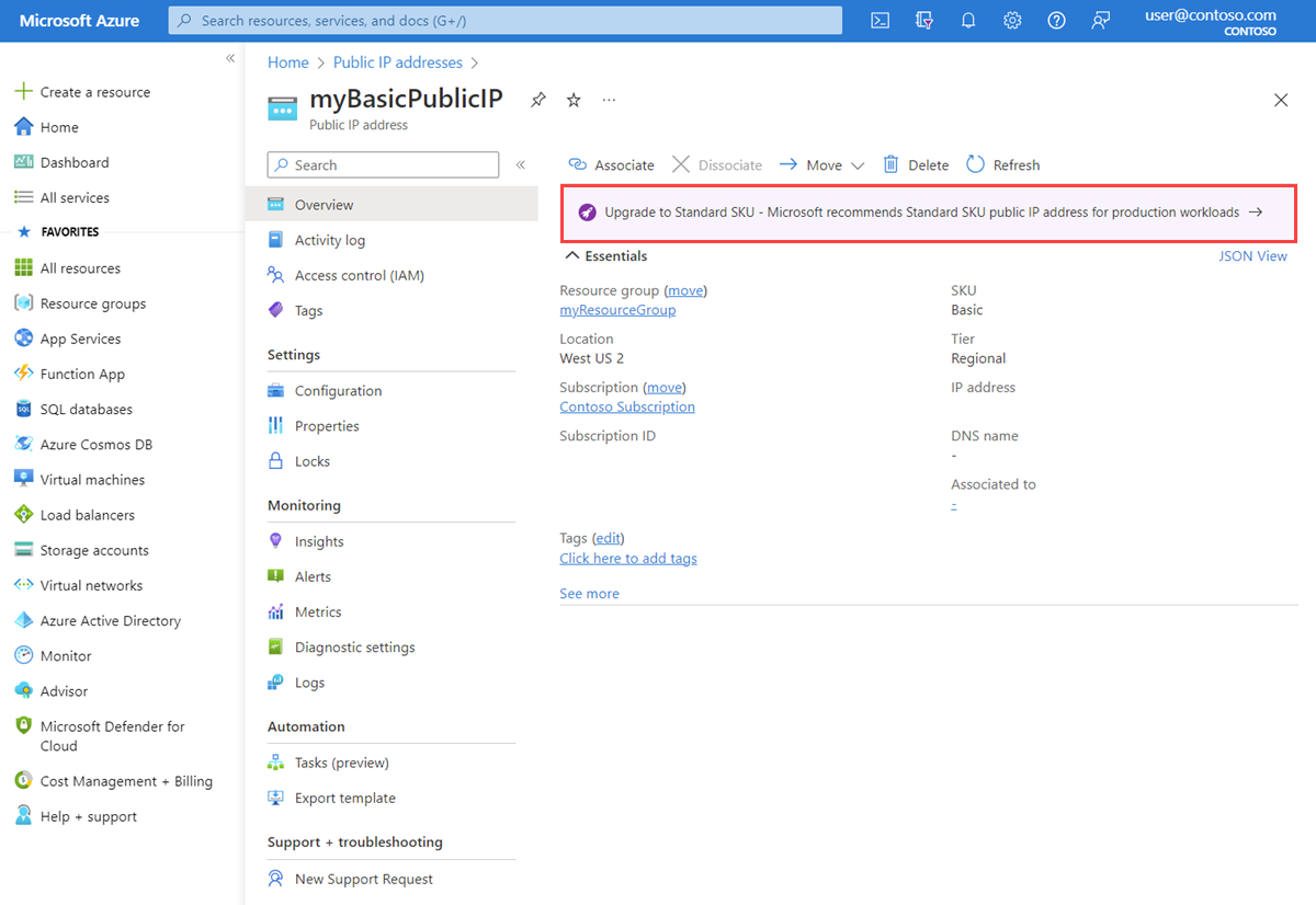 Screenshot che mostra il banner di aggiornamento nel portale di Azure usato per aggiornare l'indirizzo IP di base.