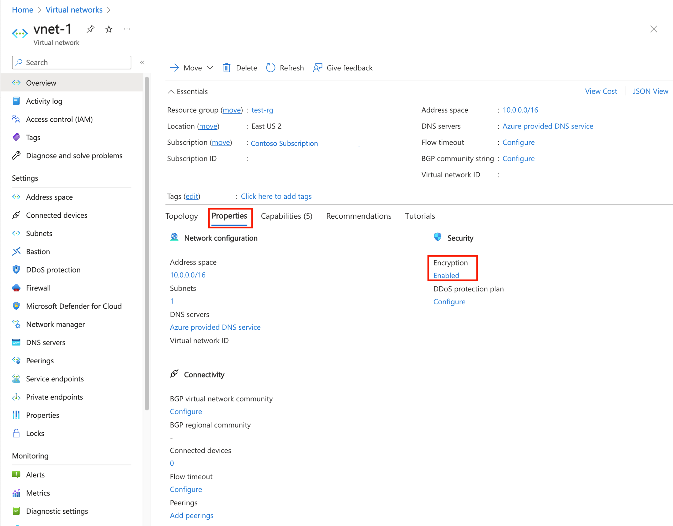 Screenshot delle proprietà della rete virtuale con la crittografia impostata su Abilitato.