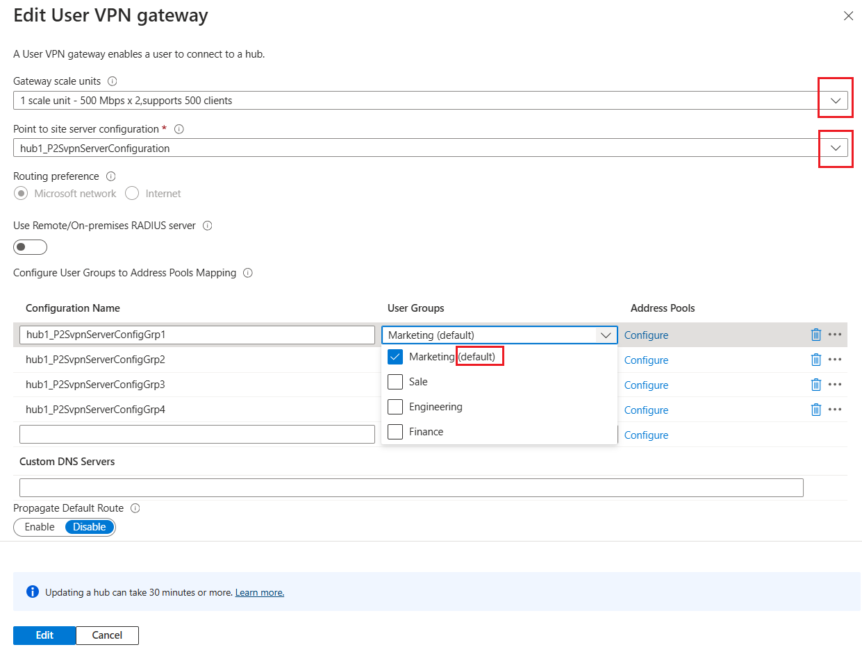 Screenshot della pagina Modifica gateway VPN utente con i gruppi selezionati.