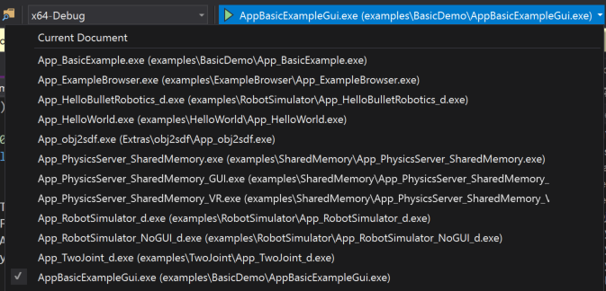 Screenshot dell'elenco a discesa di avvio della barra degli strumenti di Visual Studio. AppBasicExampleGui.exe è selezionata, ma altre opzioni sono visibili, ad esempio App_ExampleBrowser.exe, App_HelloWorld.exee altre.