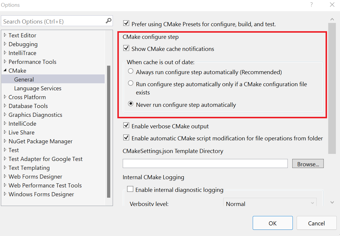 Screenshot delle opzioni di configurazione di C Make nella finestra delle impostazioni di Visual Studio.