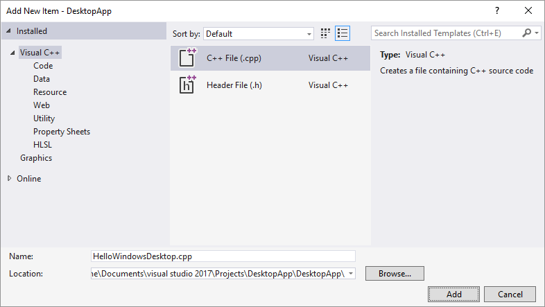 Screenshot della finestra di dialogo Aggiungi nuovo elemento in Visual Studio 2015 con Visual C++ selezionato e l'opzione File C++ evidenziata.