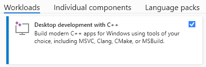 Screenshot del programma di installazione di Visual Studio con la scheda Carichi di lavoro selezionata e Sviluppo desktop con C++ selezionato.