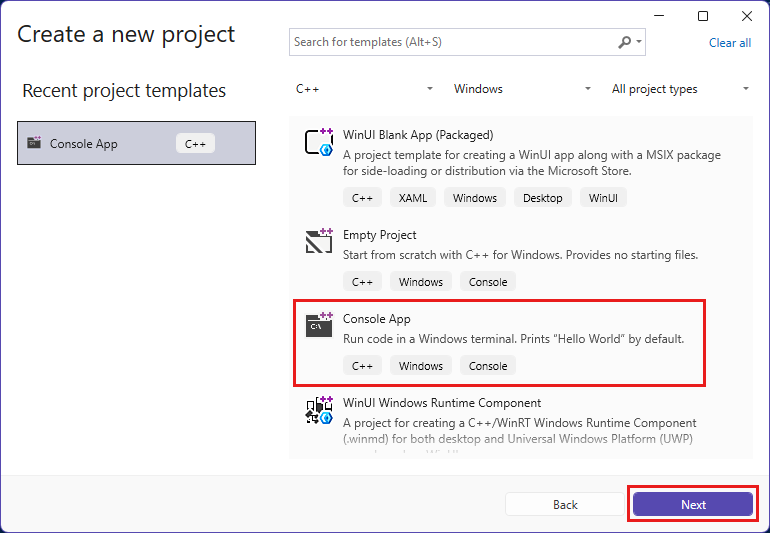 Screenshot della finestra di dialogo Crea un nuovo progetto con il modello di progetto App console selezionato.
