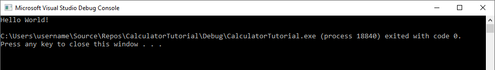Screenshot della console di debug di Visual Studio che mostra l'output: Hello World!