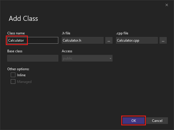 Screenshot della finestra di dialogo Aggiungi classe di Visual Studio.