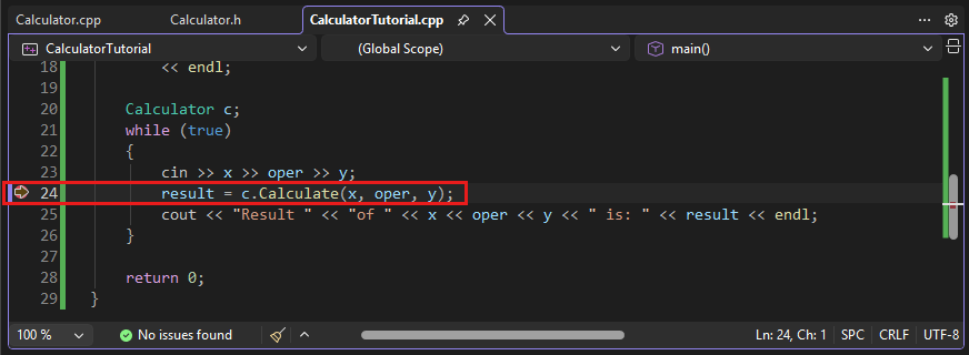 Screenshot dell'editor di Visual Studio con l'esecuzione del programma interrotta in corrispondenza del punto di interruzione condizionale nella riga: result = c.Calculate(x, oper, y);.