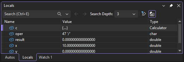 Screenshot della finestra Variabili locali in Visual Studio, che mostra i valori correnti delle variabili locali durante il debug.
