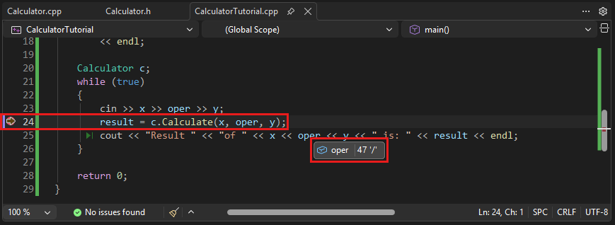 Screenshot di un tooltip che mostra il valore della variabile 'oper', ovvero 47 o '/'.