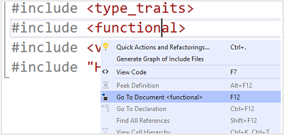 Screenshot dell'opzione di menu Vai al documento C++ nel contesto di alcune direttive di inclusione.