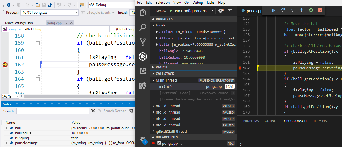 Una schermata affiancata del debug di C++ in Live Share, intesa a mostrare a due persone l'esperienza di debugging sul proprio schermo.