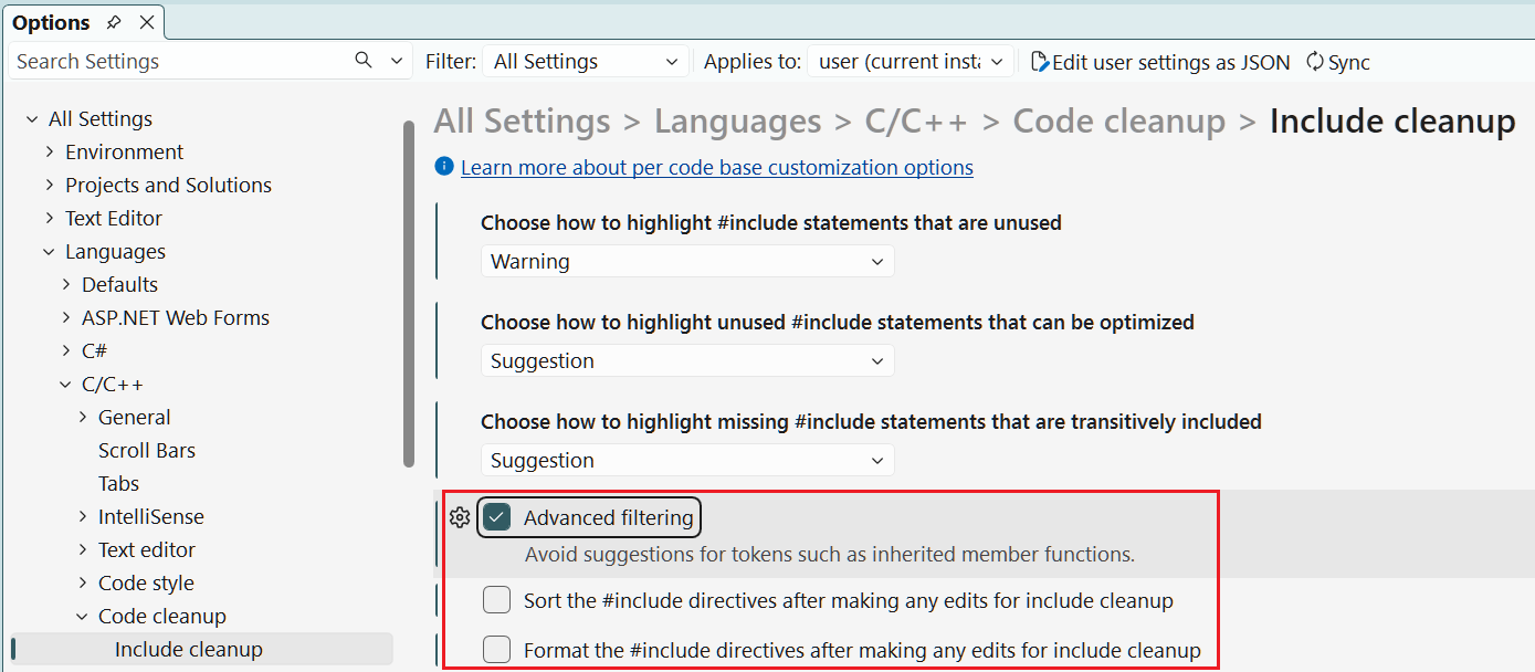 Schermata di Visual Studio con le opzioni di pulizia degli include e le impostazioni di filtro avanzato, ordinamento e formattazione evidenziate.