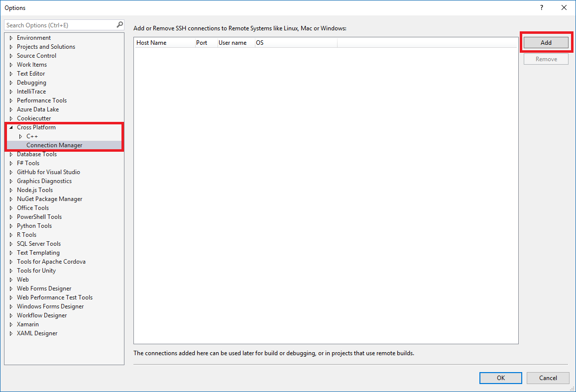 Schermata che mostra il riquadro Opzioni nella finestra di dialogo Gestione connessioni. Multipiattaforma > C plus plus > Gestione connessioni è evidenziato.