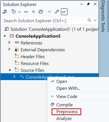Screenshot che mostra il menu di scelta rapida del clic con il tasto destro del mouse per un file C++ con l'opzione Preprocess evidenziata.
