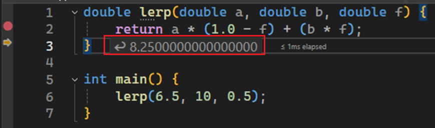 Uno screenshot di una descrizione comando che mostra il valore 8.25. È il risultato dell'espressione dopo l'istruzione return su cui si è passati.