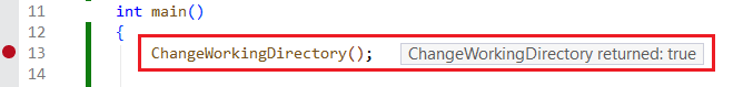 Screenshot che mostra i valori restituiti in linea visualizzati nel debugger accanto alla chiamata della funzione.